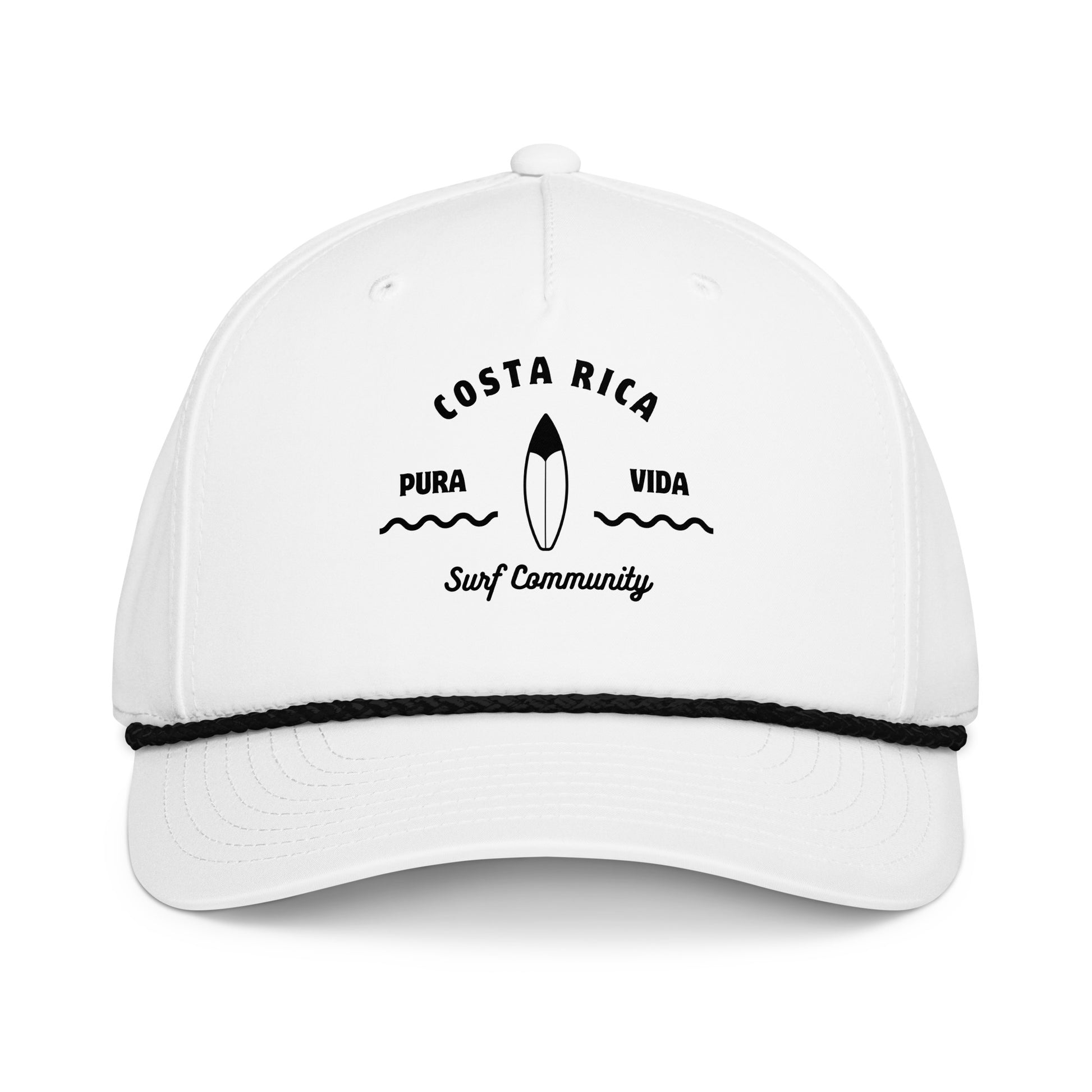 Costa Rica Surf Community Pura Vida white rope hat front view