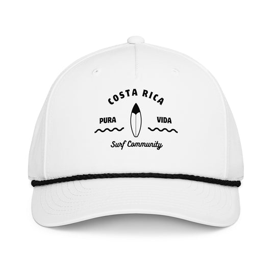 Costa Rica Surf Community Pura Vida white rope hat front view