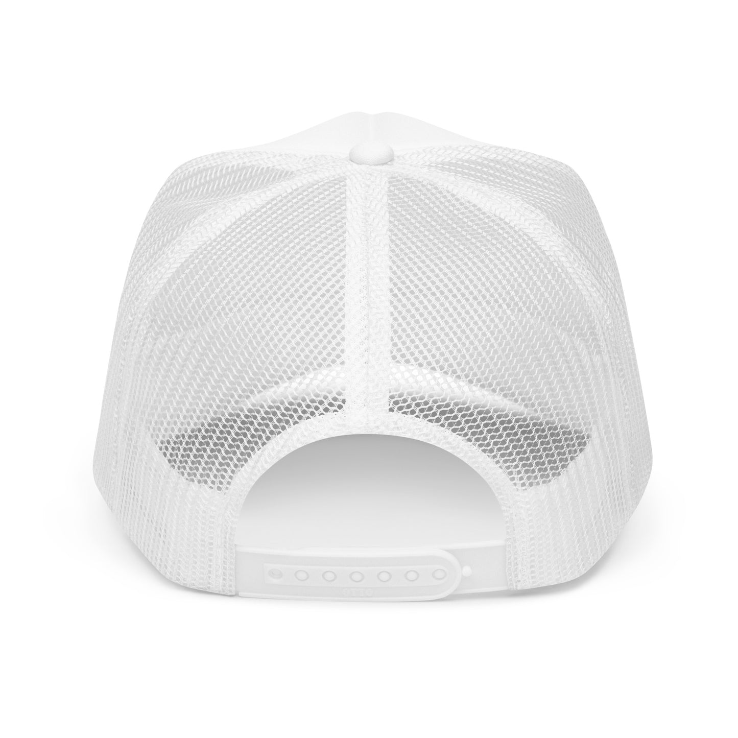 back view of white foam trucker hat snapback